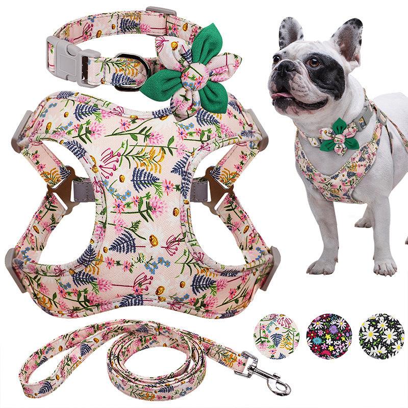 Floral Print Dog Collar Harness Leash Set For Small, Medium, Large Dogs - Stylish Pet Accessories-0