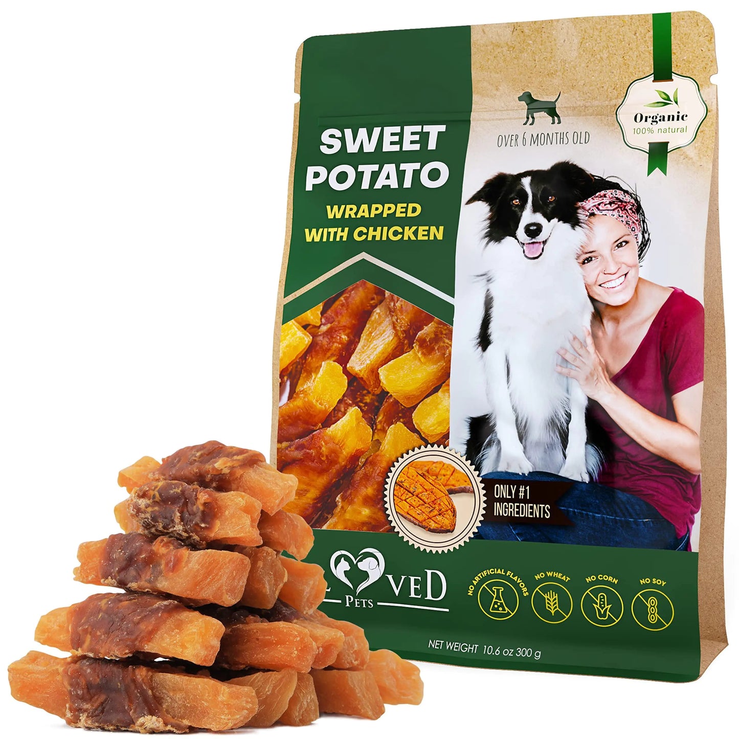 Dog Sweet Potato Wrapped with Chicken Pet Natural Chew Treats Grain Free Snacks. Product and Package