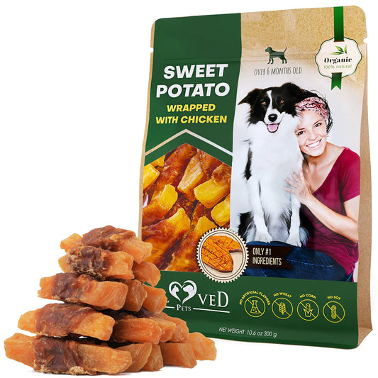 Dog Sweet Potato Wrapped with Chicken Pet Natural Chew Treats Grain Free Snacks. Product and Package