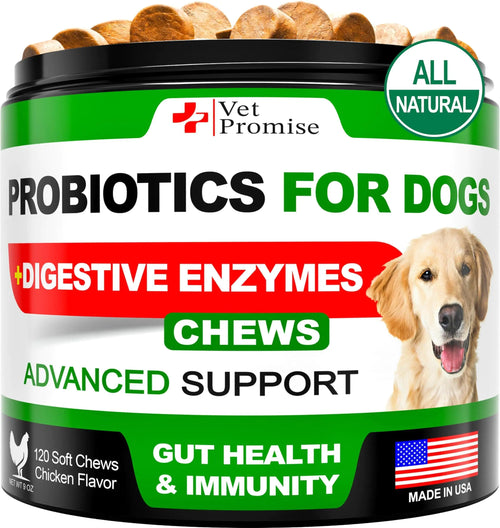 Probiotics for Dogs Digestive Enzymes for Good Health Itchy Skin 120 Chews. front label