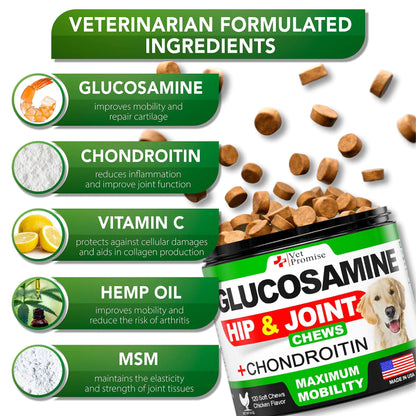 Glucosamine for Dogs Hip and Joint Supplement for Dogs 120 Mobility Chews. Veterinarian Formulated