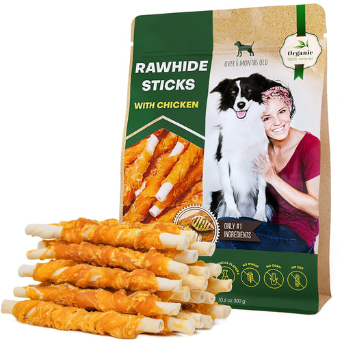 Rawhide Sticks Wrapped with Chicken  Package and Product