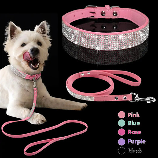 Rhinestone pet collar and separate leash colors