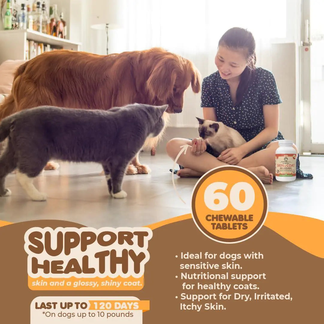 Skin and Coat Supplement with Fish Oil and Omega 3 for Dogs and Cats Dog Itch. 60 chewable tablets