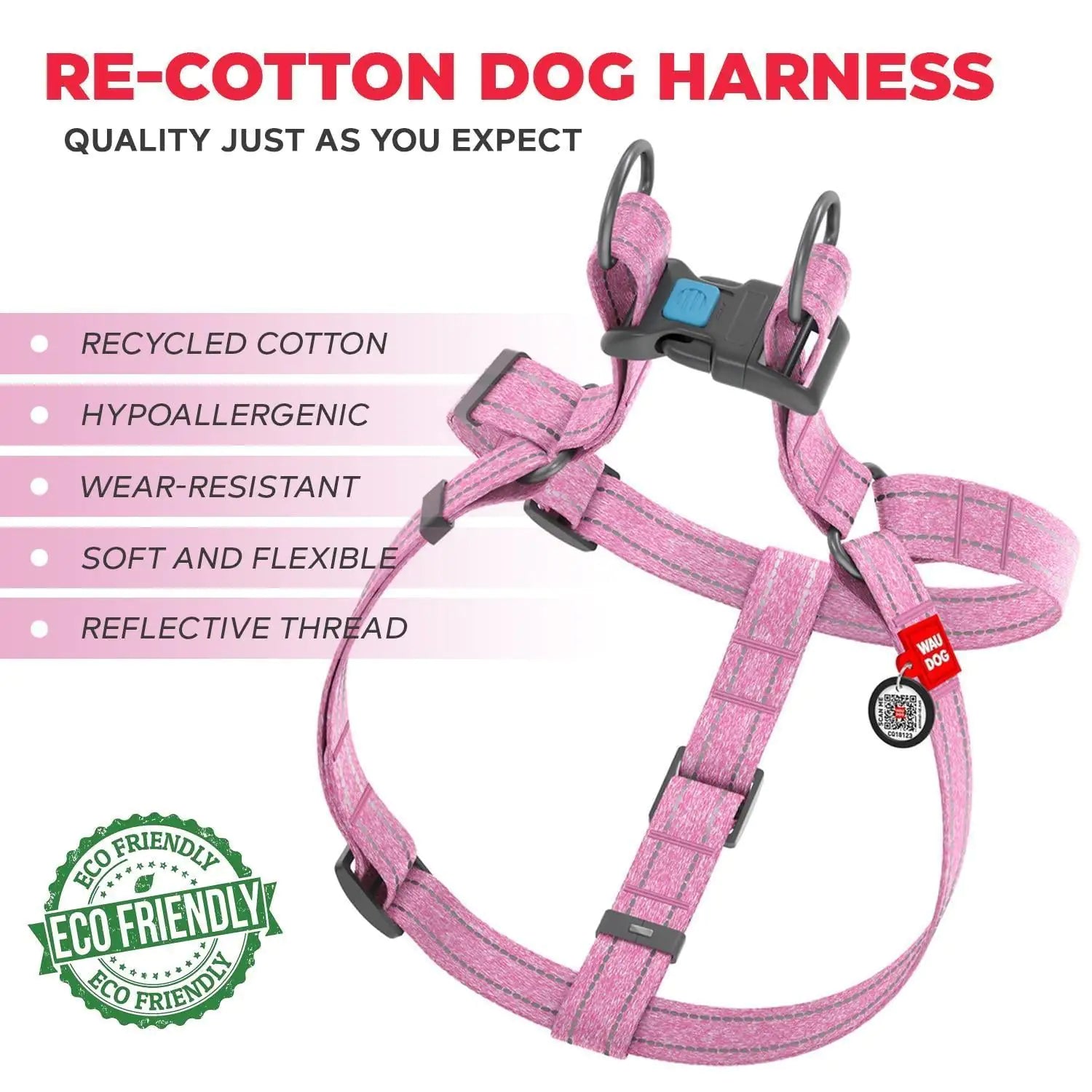 Pink Cotton Dog Harness Soft Eco Friendly Adjustable for Large Dogs L Size. Quality points. 