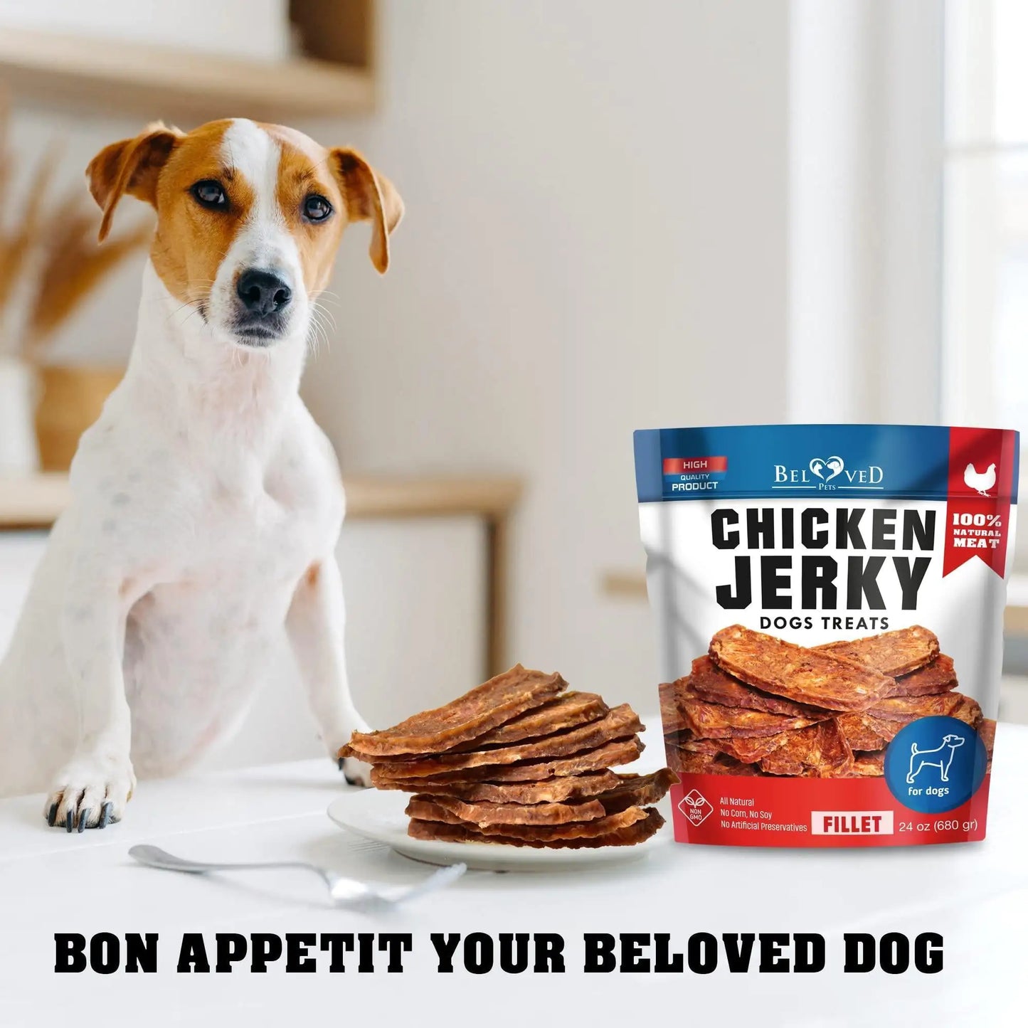  Chicken Jerky Dog Treats: pictured with dog